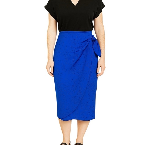 Bold Elements Small Blue Polka Dot Faux Wrap Midi Pencil Skirt Elastic Waist - Picture 1 of 8